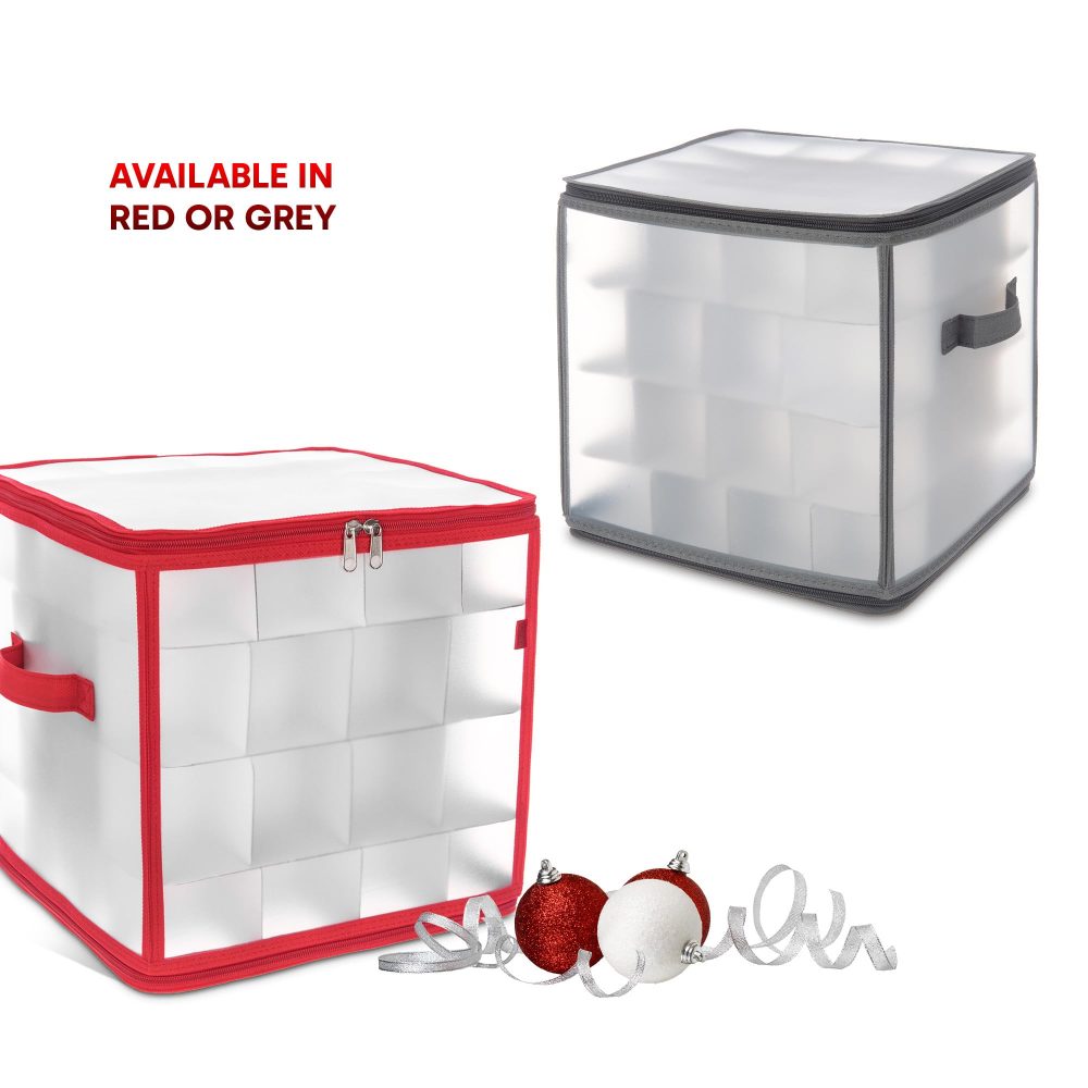 Christmas Village Bauble and Decoration Storage Cube with Padded Dividers for 64 Xmas Ornaments – Heavy Duty Folding 4 Layer Holder with Separators, Zipped Lid and Handles (Red) - Image 3