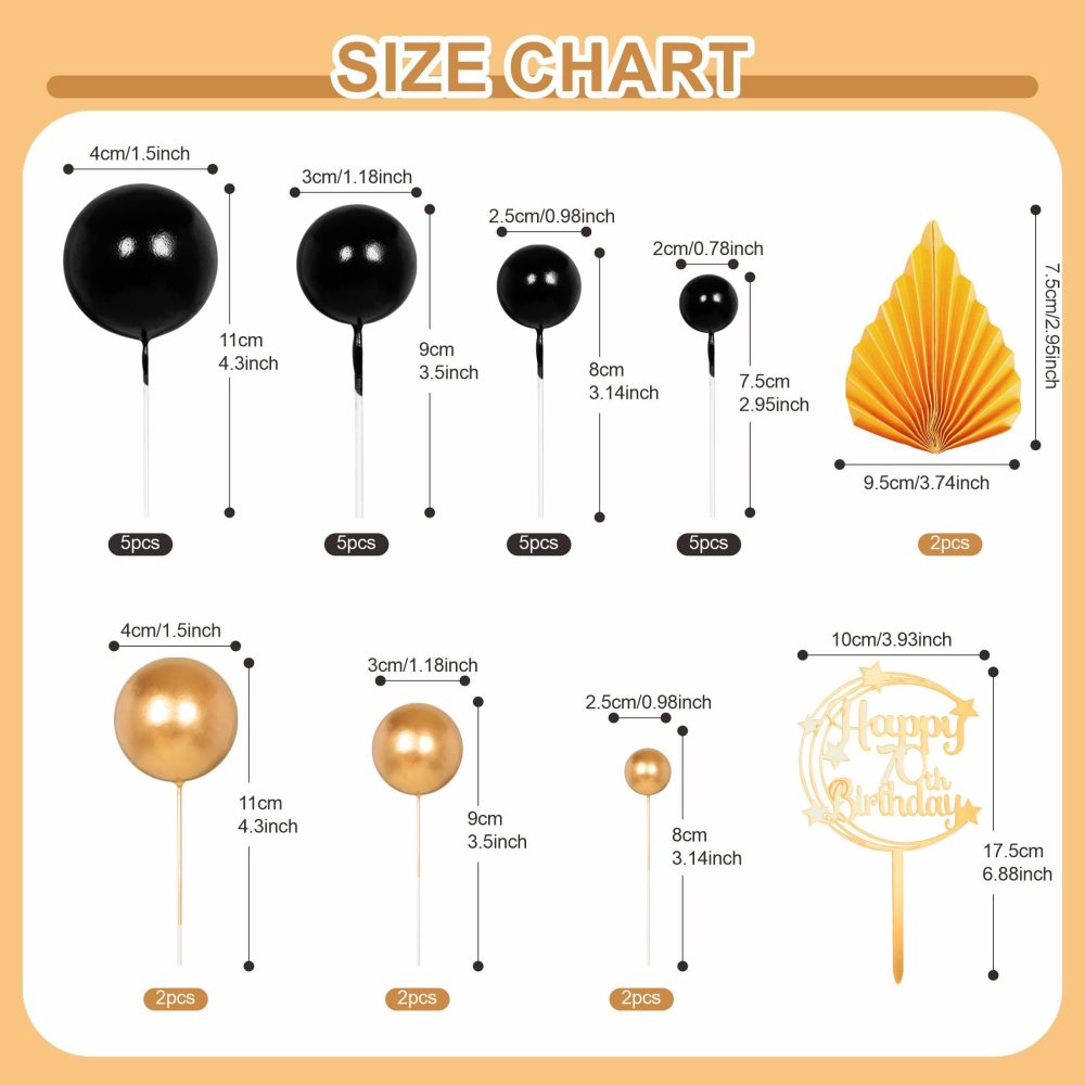 29Pcs Black and Gold Cake Decorations for 60th Cake Topper,Black and Gold Foam Balls Palm Leaves Cake Toppers Cake Toppers for Happy Gold 60th Birthday Anniversary Him Women Men Party Supplies - Image 7