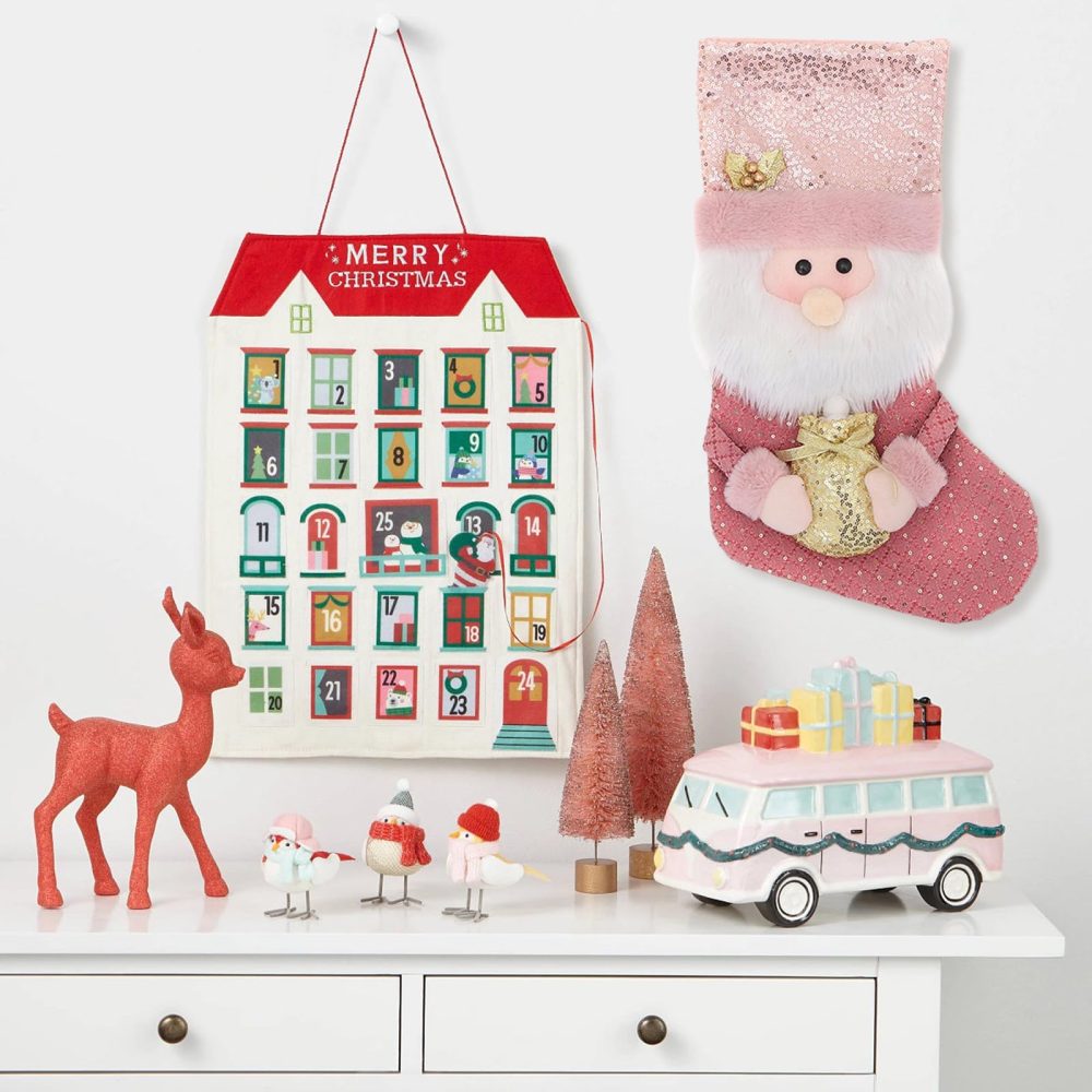Christmas Stockings Pink,Large Christmas Stockings with Gold Glitter,16" Xmas Stockings,Santa Claus Christmas Hanging Socks Bag,Santa Stockings for Christmas Stairs Fireplace Hanging Decor Candy Pouch - Image 2