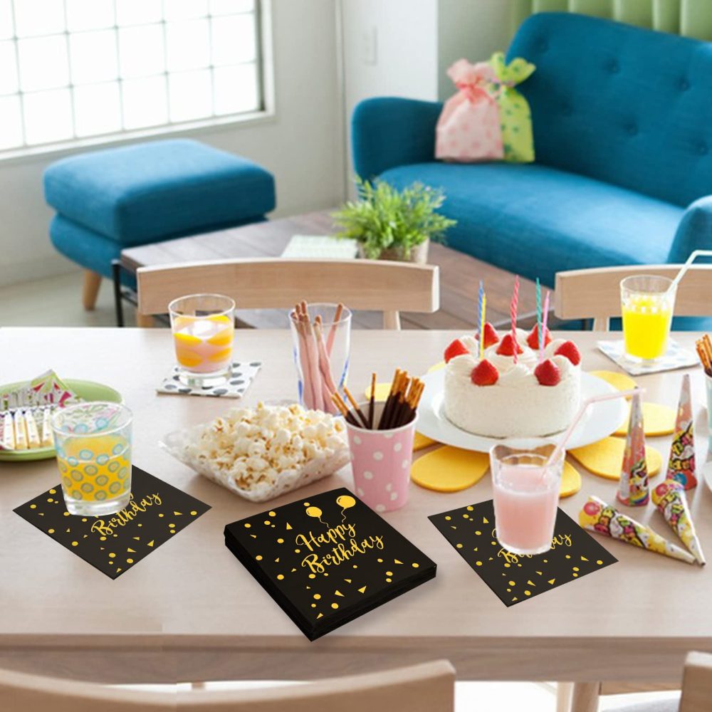 40Pcs Happy Birthday Napkins Black and Gold Party Napkins Birthday Paper Napkins Disposable Black Birthday Napkins Birthday Cocktail Napkins Gold Foil Napkins Birthday Serviettes Napkins for Women Men - Image 4