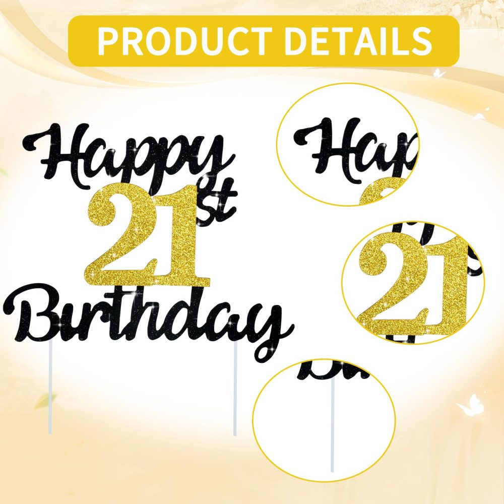 BEISHIDA 21th Happy Birthday Cake Topper, Black Gold Birthday Cake Decoration 21th Birthday Decorations for Men Women for 21th Birthday Anniversary Party Decorations Supplies - Image 5