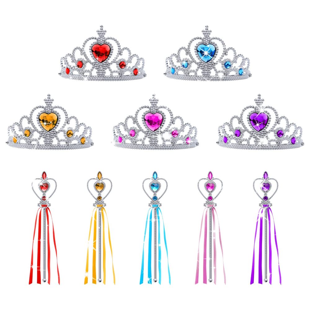 Aomig Princess Dress Up Accessories Set, 10 Piece Elsa Costume Jewellery Toys with Princess Crown Tiara and Magic Wand, Elsa Princess Dress Up for Girls Birthday Party Halloween Cosplay