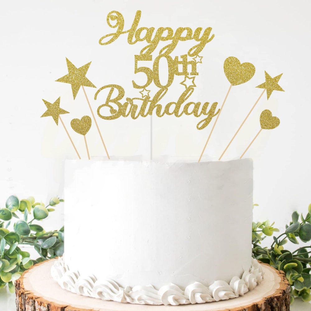 Mobile Stuff Happy 50th Birthday Cake Topper Set, 50th Birthday Cake Topper with Heart Star Cupcake Cake Topper Picks Glitter Cake Decoration for Birthday Party Cake Supplies - 9pcs (Gold) - Image 4