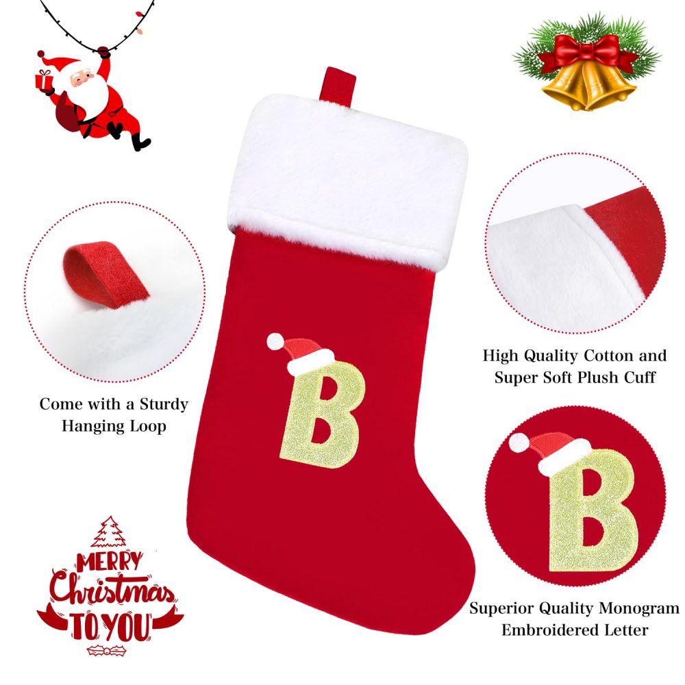 SULOLI 20 Inches Monogram Christmas Stockings with Letters,Super Soft Plush Christmas Stockings Large Embroidered Stockings Red Letter Stockings for Christmas Holiday Xmas Gift(B) - Image 7
