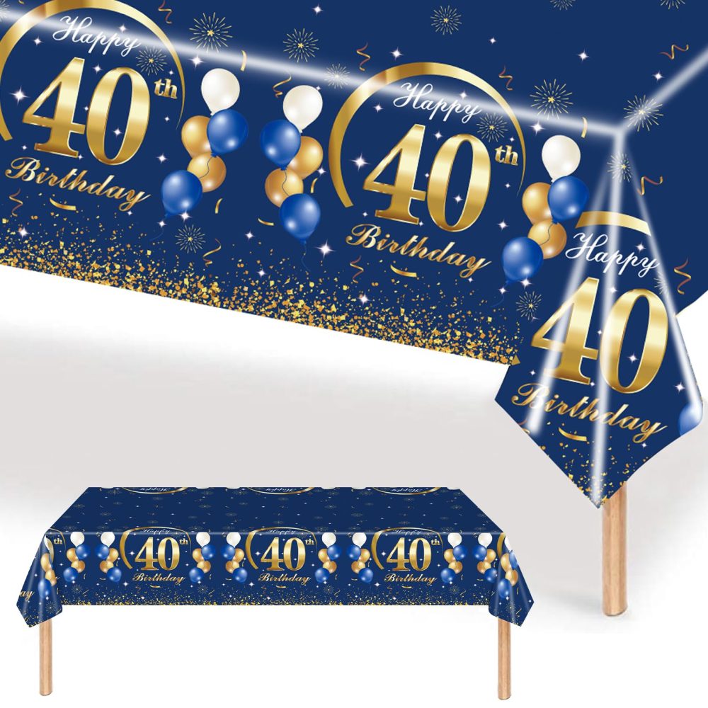 MORAINJAY Birthday Tablecloth for 40,Navy Blue Table Cloth for 40th Birthday Party,137x274cm Table Cover,Rectangular Waterproof Tablecloth for Men,Women, Birthday Party Supplies Table Decor