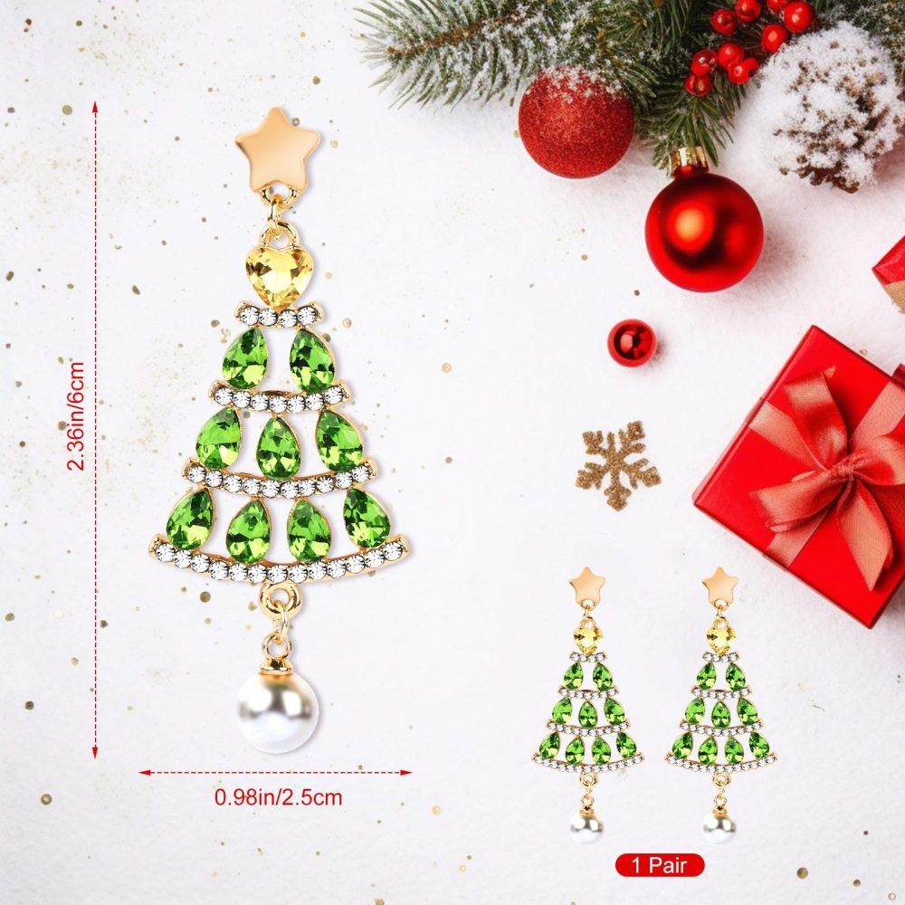 Mayoii Christmas Tree Earrings with Pearl Dangle, Shiny Zircon Christmas Earrings for Women, Girls, S925 Silver Needle Luxurious Glittering Rhinestone Christmas Festival Earrings(Green) - Image 7