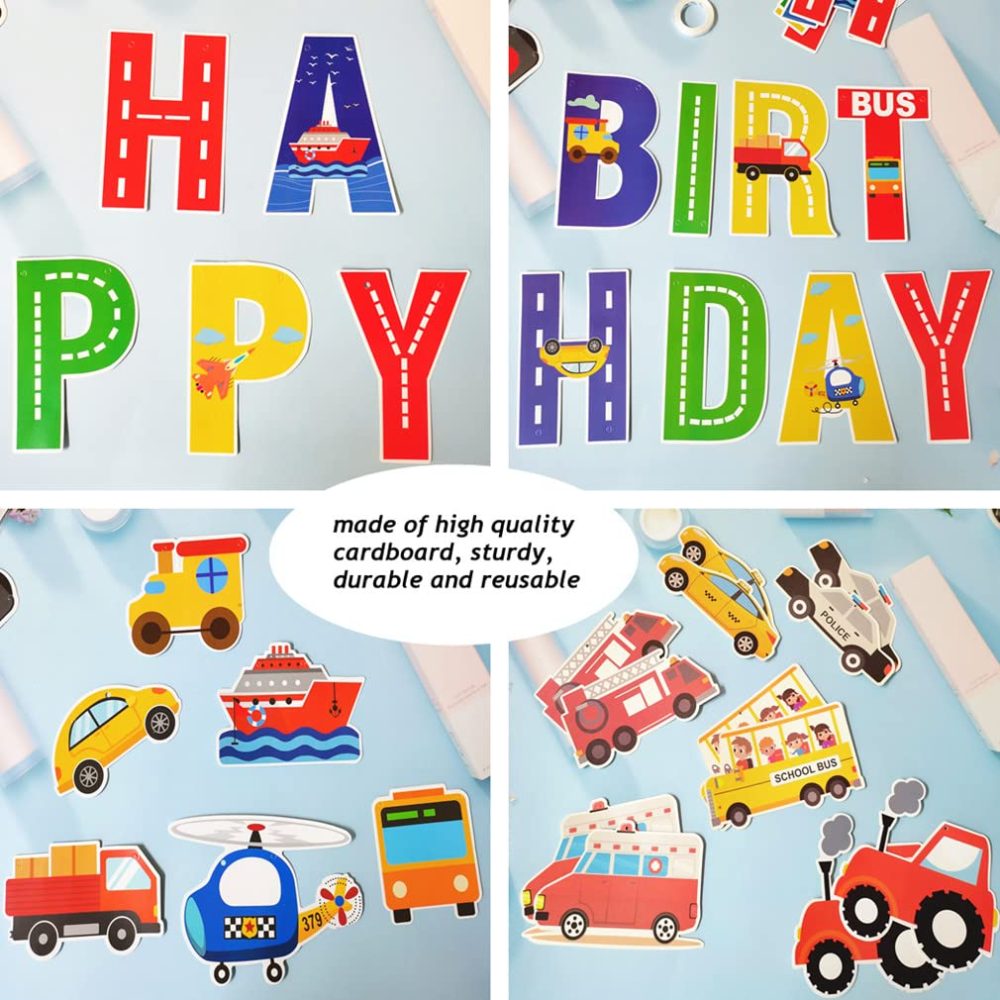 SAMHENG Transportation Birthday Party Decorations Set, Traffic Light Happy Birthday Photo Props Banner Flags with Car Bus Train Plane Ship Transport Theme Spiral Hanging Decoration Supplies - Image 7