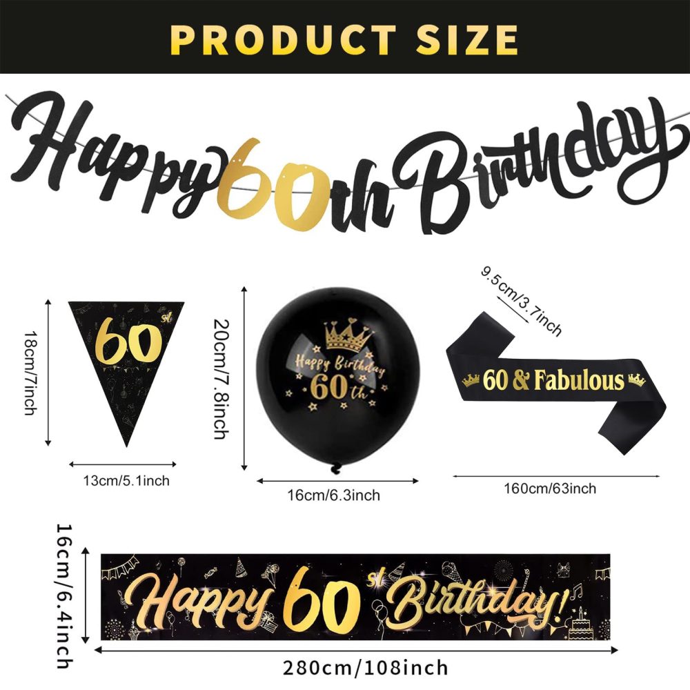 60th Birthday Decoration Kit, 13 Pieces Birthday Party Decoration Include Happy 60th Birthday Banner, Bunting, 12” Latex Printed Balloons, 9ft Banner for Women Men 60th Birthday Decorations Supplies - Image 4
