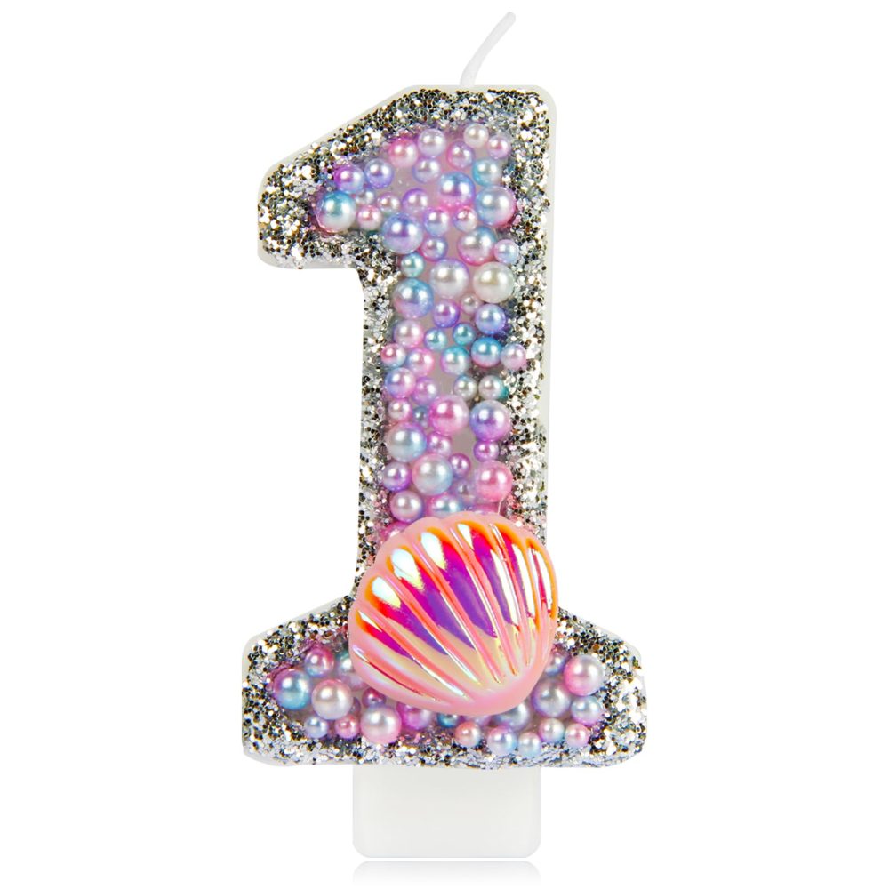 Girls Mermaid 1st Birthday Number Candles, Glitter Mermaid Number 1 Candle with Pink Shell Sequins, Pink Purple Pearls Cake Candles for Girls Mermaid Themed Birthday Decorations Party Supplies