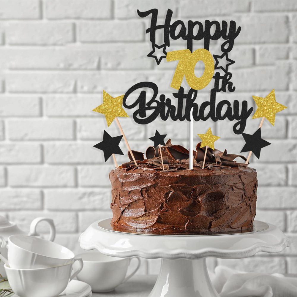 Gidobo 70th Birthday Cake Toppers, Black Gold Glittery Cake Decorations with Stars, Seventy Years Old Birthday Party Supplies for Men and Women - Image 4