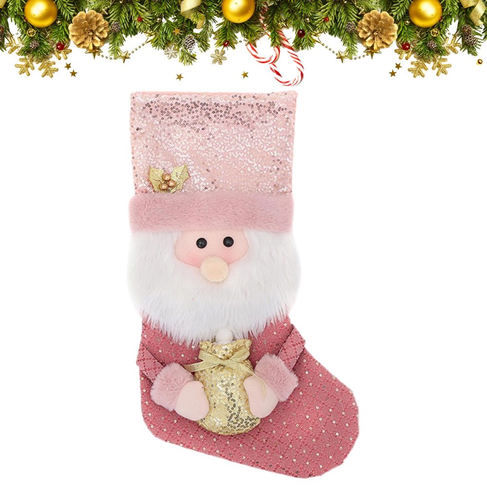 Christmas Stockings Pink,Large Christmas Stockings with Gold Glitter,16" Xmas Stockings,Santa Claus Christmas Hanging Socks Bag,Santa Stockings for Christmas Stairs Fireplace Hanging Decor Candy Pouch