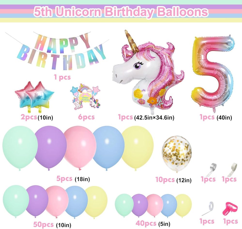 5th Unicorn Balloons Arch Kit Girl Birthday Party Decorations 120Pcs Pastel Macaron Balloon Huge 3D Unicorn Foil Age Balloons Happy Birthday Banner for Kids Birthday Party Deco - Image 6