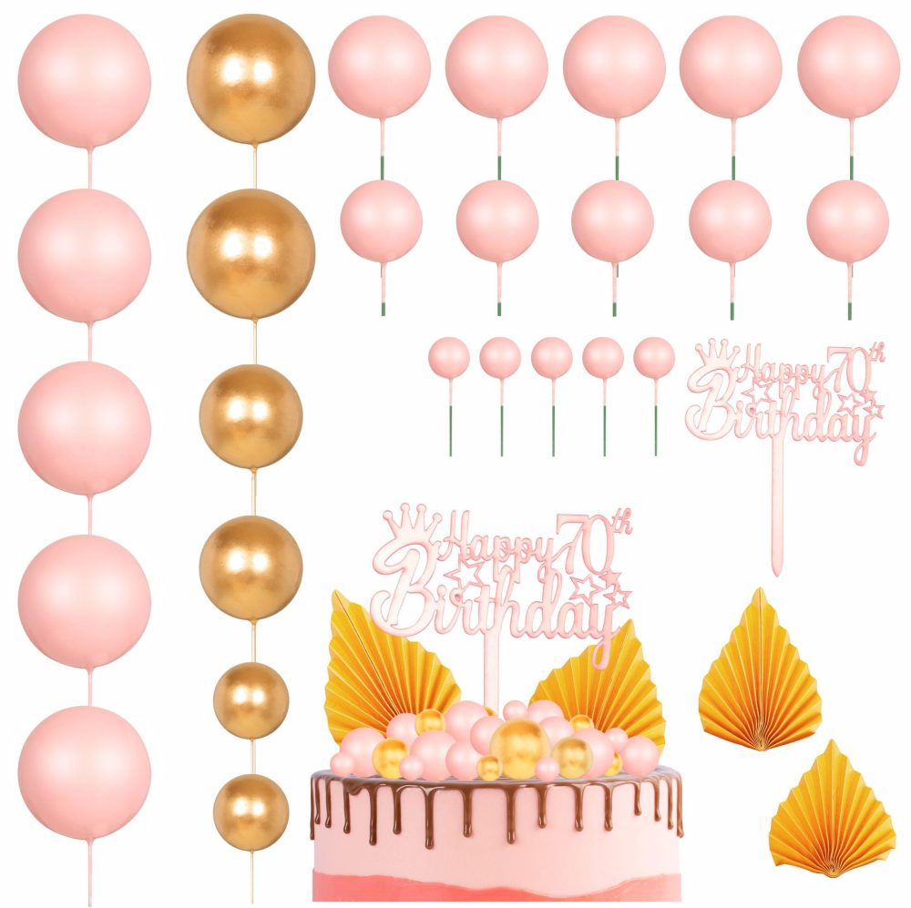 29Pcs Acrylic 70th Birthday Cake Toppers,Pink and Gold Foam Balls Cake Decorations, 70th Acrylic Cake Topper Rose, DIY Mini Balloons Stick Cake Cupcake Toppers for 70th Birthday Party Cake Decoration