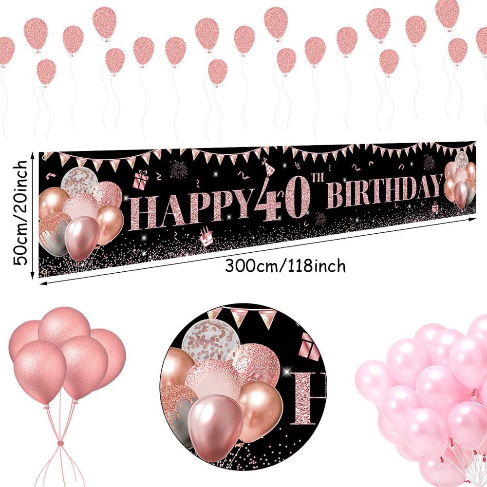 TUTUXMA Large Happy 40th Birthday Banner Black and Rose Gold Yard Sign Birthday Banner for Women Girl 40th Birthday Photo Backgroud Party Indoor Outdoor Decorations Supplies 118 × 19.6 Inch - Image 7