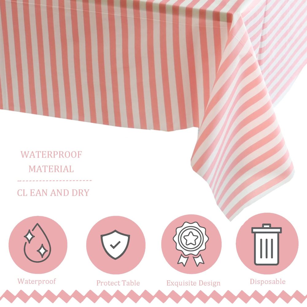 137*274cm Pink and White Stripes TableCloth Table Covers Party,Disposable Rectangular Tablecover Plastic Pink Table Cloth Party for Picnic,Baby Shower,Wedding,Christmas,Birthday Parties Decorations - Image 2