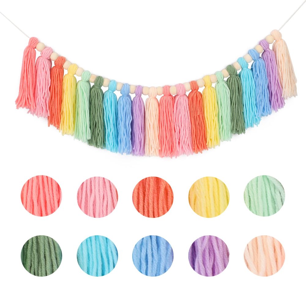 G2PLUS Rainbow Tassel Garland, Colorful Pastel Tassel Banner with 20PCS Macaron Tassels, Wall Tassle Decoration Bunting with Wood Beads for Girls Bedroom Birthday Party Decor - Image 5