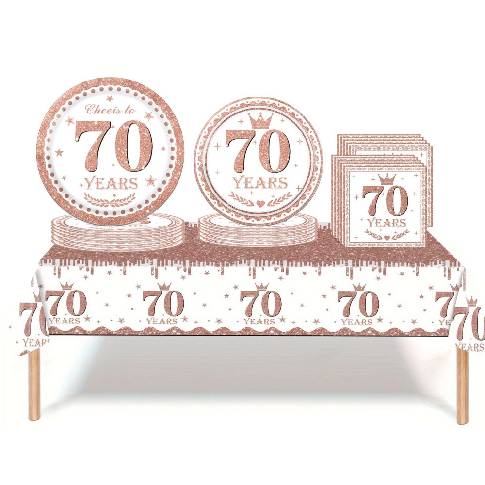 53Pcs Rose Gold Happy 70th Birthday Party Tableware Set Plastic Table Cloth,Paper Plates Napkins 70th Birthday Table Decorations Disposable Tableware Kit for Women Girl Her 70th Birthday Decorations