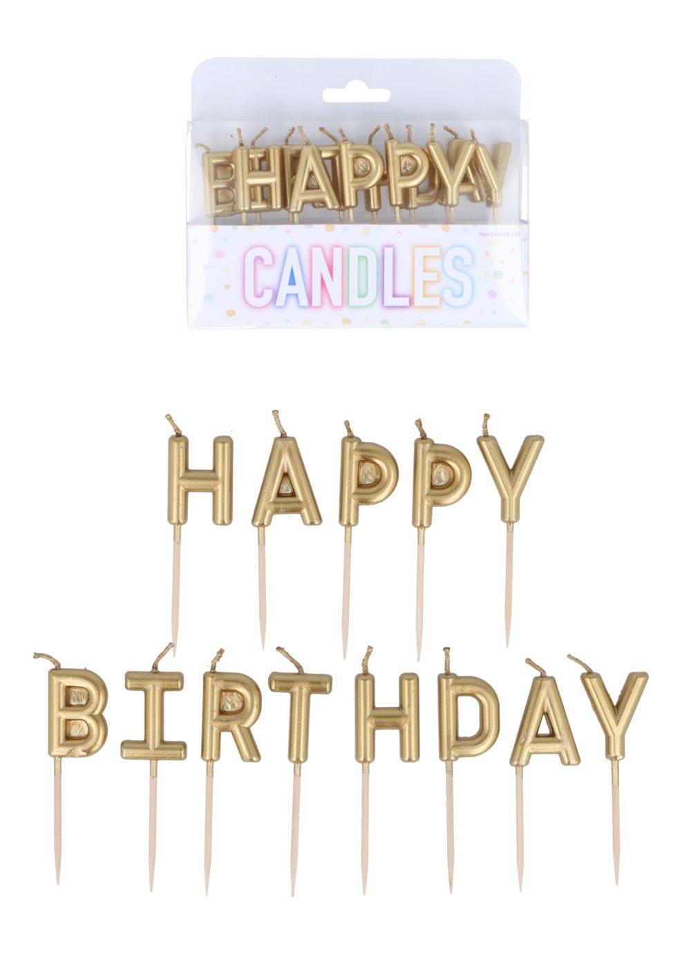 Henbrandt Pack of 13 Gold Happy Birthday Candles on Wooden Picks, Metallic Gold 7cm Lettered Happy Birthday Celebration Candles Cake Topper for Birthday Cake and Cupcake Decorations