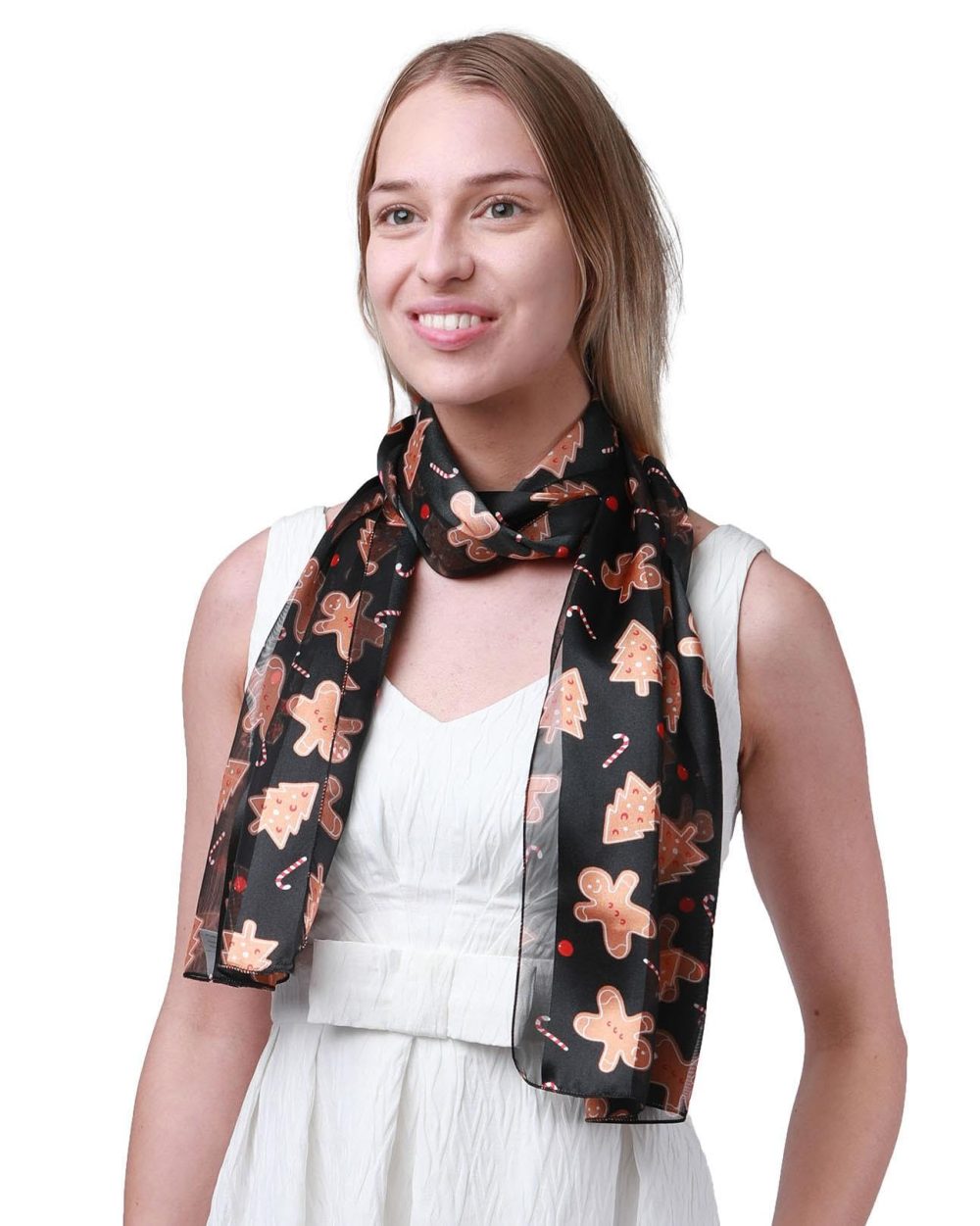 Basic Sense Christmas Scarf Silky Satin Neck Scarves, Gingerbread - Black - Image 5