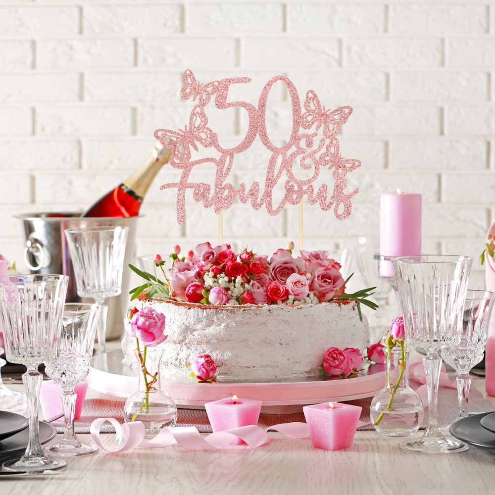 CHEERYMAGIC 50th Birthday Cake Topper, 50 & Fabulous Cake Topper, Rose Gold Glitter Fifty and Fabulous Cake Decorations for 50th Birthday Wedding Anniversary Party Supplies A9SFCP (50th Birthday) - Image 5
