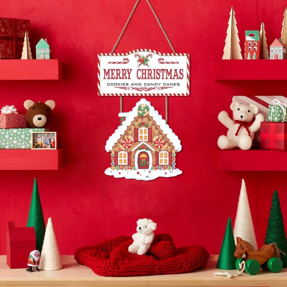 LHIUEM Merry Christmas Gingerbread House Decor for Christmas Wooden Sign Decorations (17x12inch) Xmas Candy Canes Wall Art,Winter Party Hanging Door Sign for Home Festival Porch Front Door Decor - Image 6