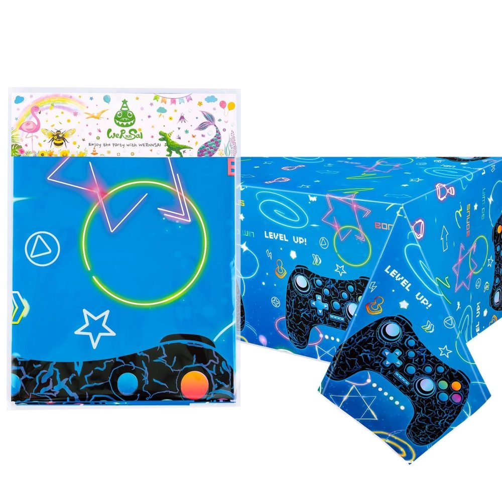 WERNNSAI Blue Video Game Party Tablecloth - 2 Pack 54’’ x 108’’ Birthday Party Decorations for Kids Boys Gamer Party Disposable Plastic Rectangle Table Cover for Gaming Night Geek Game Party Supplies - Image 3