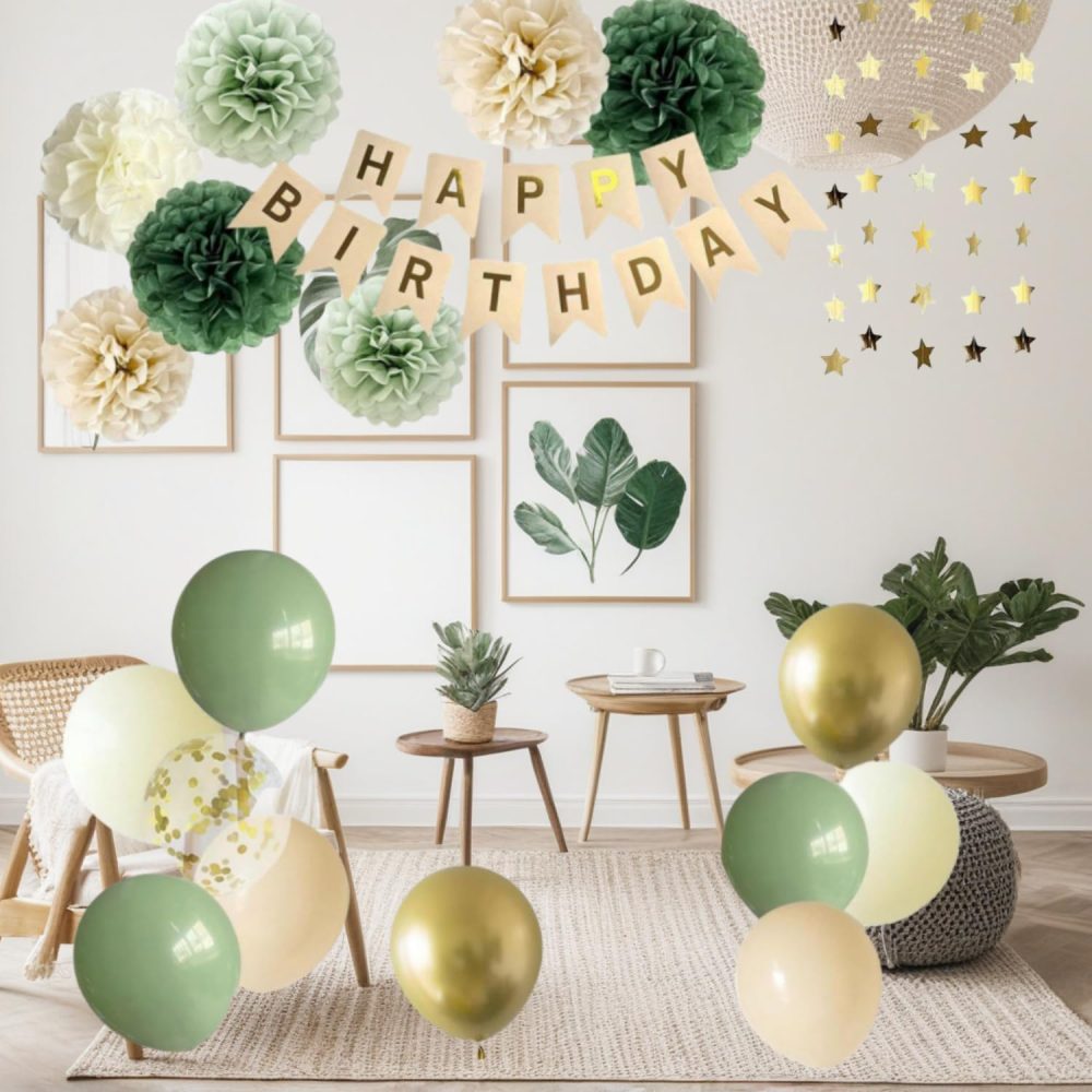 Acidea Sage Green Birthday Decorations for Girls Women, Birthday Party Decor Olive Green Balloons Garland Kit Happy Birthday Banner Greenery Gold Eucalyptus Leaves Baby Shower Backdrop Supplies - Image 3