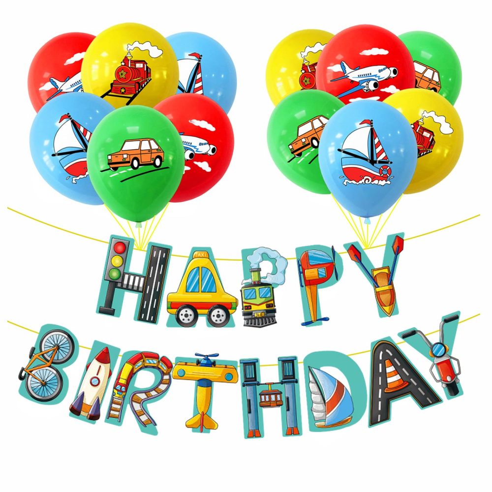 Transportation Birthday Decorations Transport Vehicles Traffic Happy Birthday Banner and Balloons for Boys Kids Girls Transportation Birthday Party Decorations