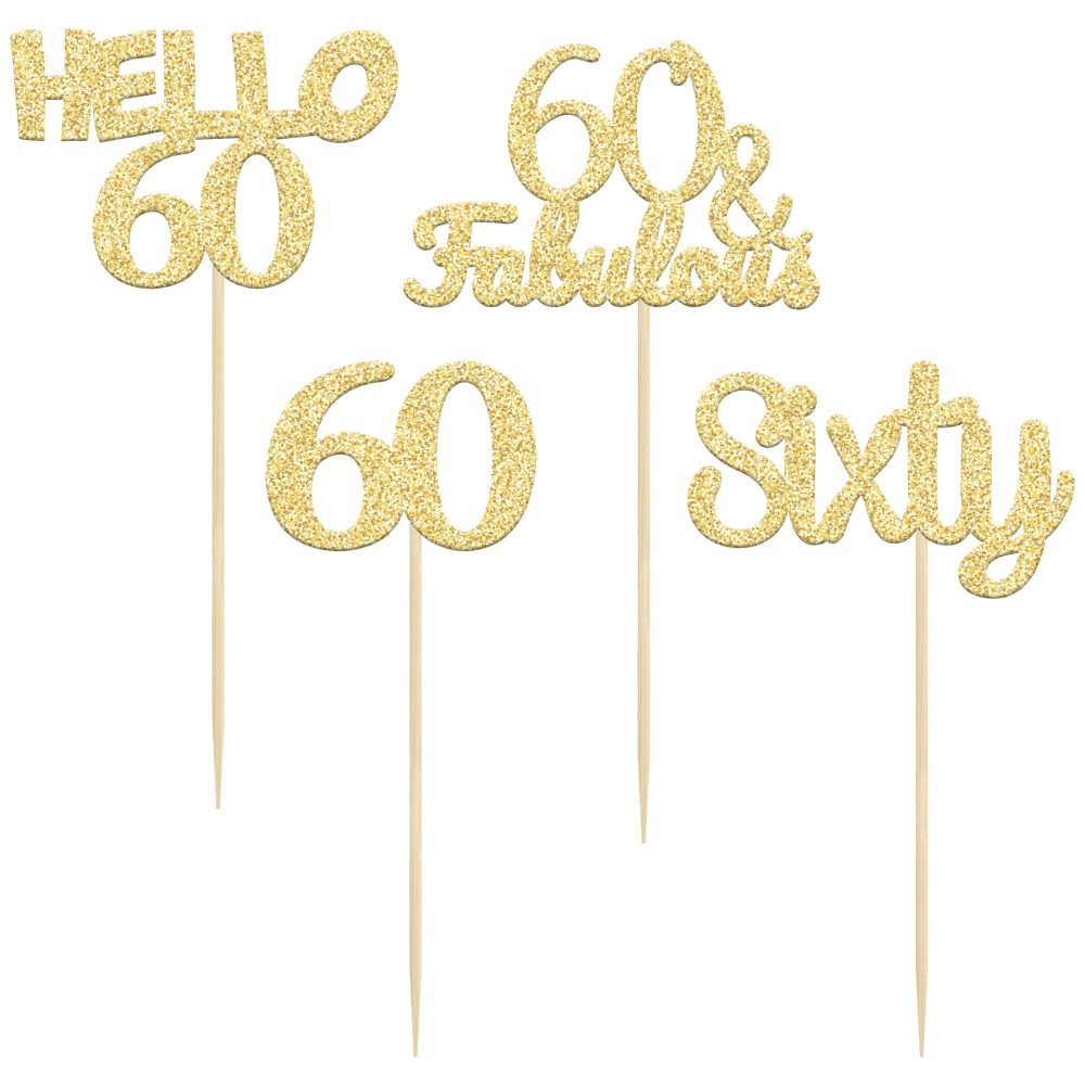 Gyufise 24Pcs Gold Glitter 60th Birthday Cupcake Toppers Hello 60 Sixty Cake Toppers 60 & Fabulous Cupcake Picks 60th Birthday Cake Decorations Supplies - Image 8