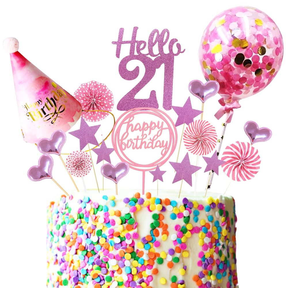 21th Birthday Cake Topper Kit,Cake Decoration Happy Birthday,Confetti Balloon Cupcake Topper for Birthday Party Decor (pink-21)