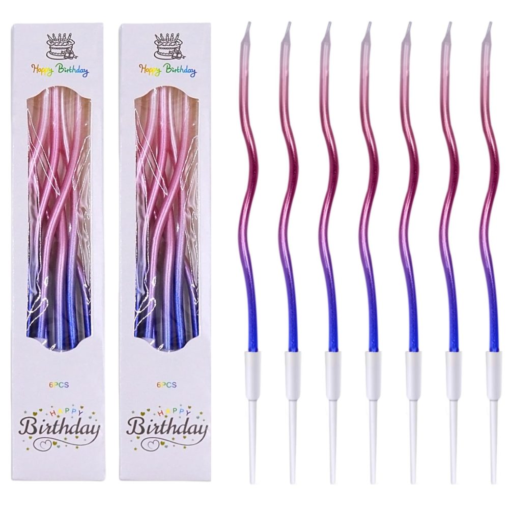 Birthday Cake Candles, 12pcs Long Thin Rainbow Birthday Candle, Colorful Spiral Cupcake Candle, Metallic Cake Candles with Holder for Wedding Baby Shower Party Decoration