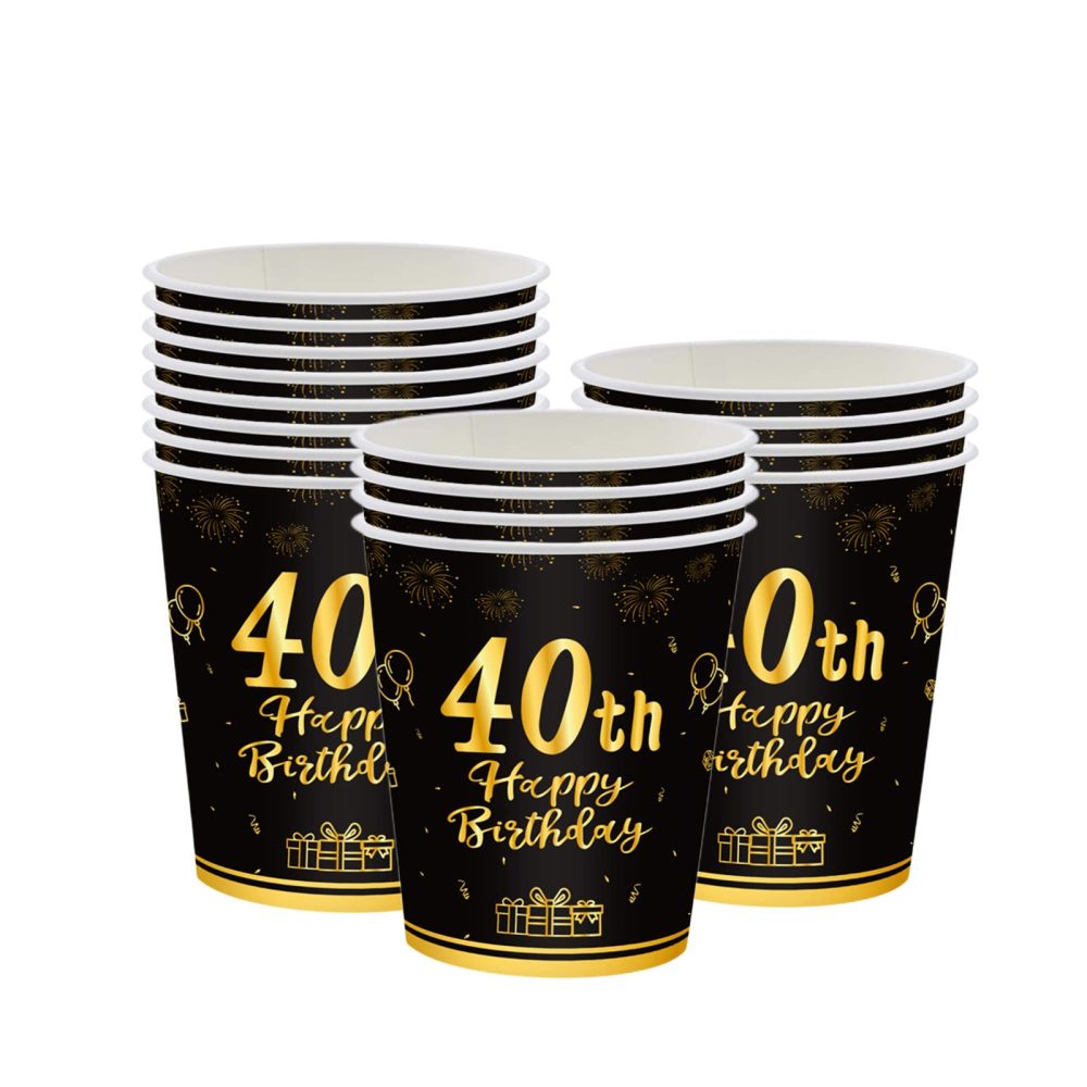 16Pcs Black Gold 40th Birthday Paper Cups,Birthday Tableware Party Cups Disposable,Happy 40th Birthday Table Decorations Cup Birthday Gifts for Women,Men,Ladies,Him,Her 40th Birthday Party Décor