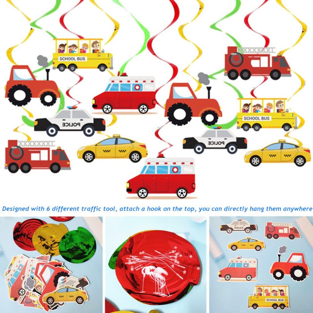 SAMHENG Transportation Birthday Party Decorations Set, Traffic Light Happy Birthday Photo Props Banner Flags with Car Bus Train Plane Ship Transport Theme Spiral Hanging Decoration Supplies - Image 5