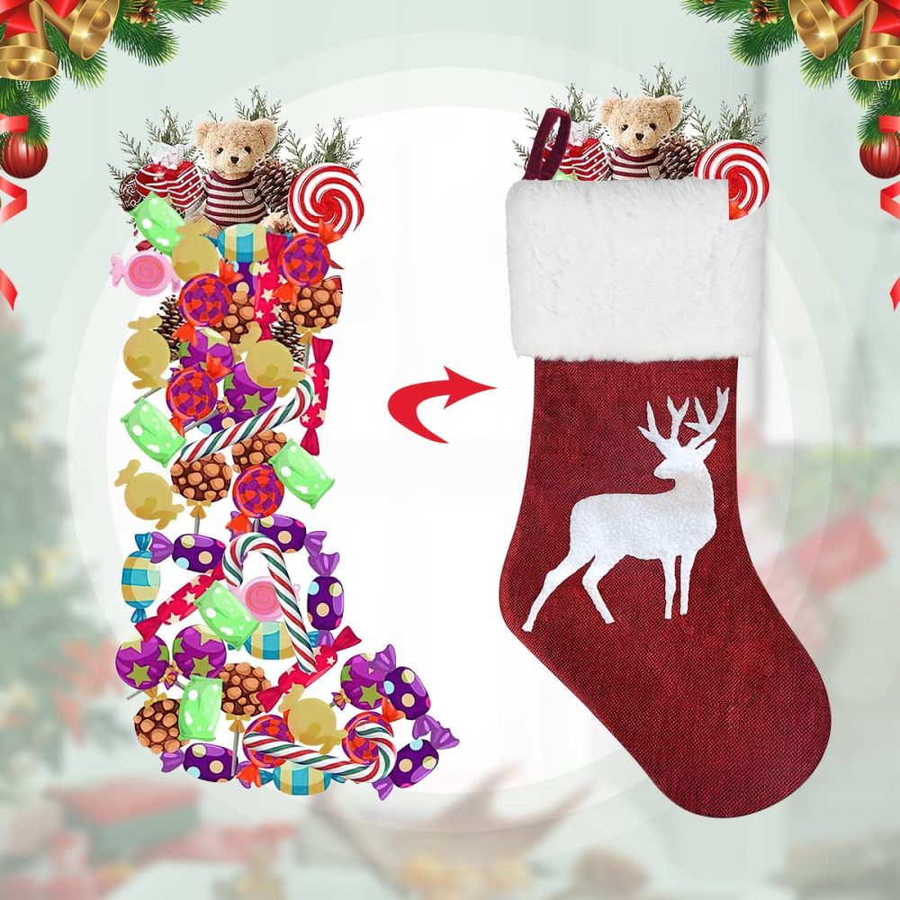 Christmas Stockings Set of 2, 18" White Reindeer Large Christmas Stocking Personalised for Adults Kids, Hanging Gift Bag Socks Ornaments Red Xmas Stockings for Christmas Fireplace Tree Decorations - Image 5