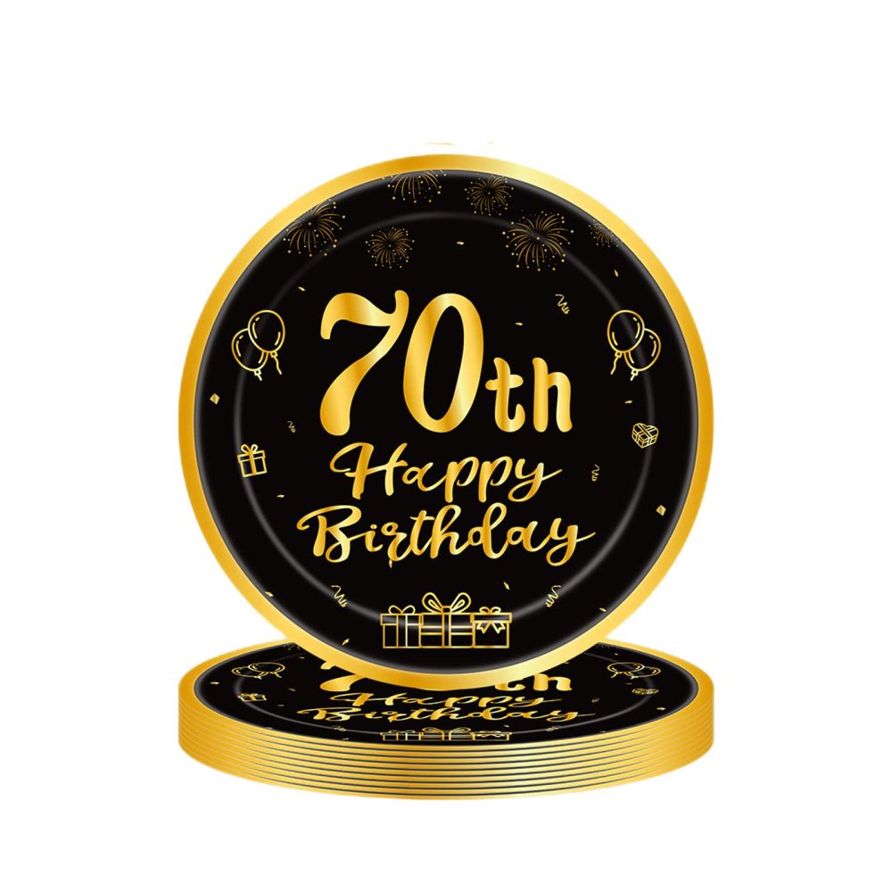 YAAVAAW Happy 70th Birthday Paper Plates 9”Black and Gold,16Pcs Tableware Party Plates,Happy 70th Birthday Decorations Plates for Women,Men,Him,Her 70th Birthday Party Supplies Table Decorations
