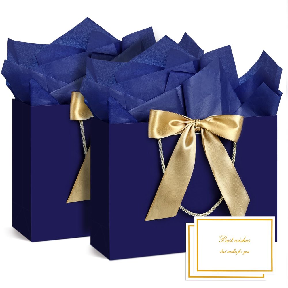 Gift Bags, Medium Gift Bags for Presents with Bow Ribbon, Present Bags with Handles 4 Tissue Papers and 2 Cards for Valentine's Day, Weddings, Birthday, Party, Celebration, Christmas(Blue 2Pcs)