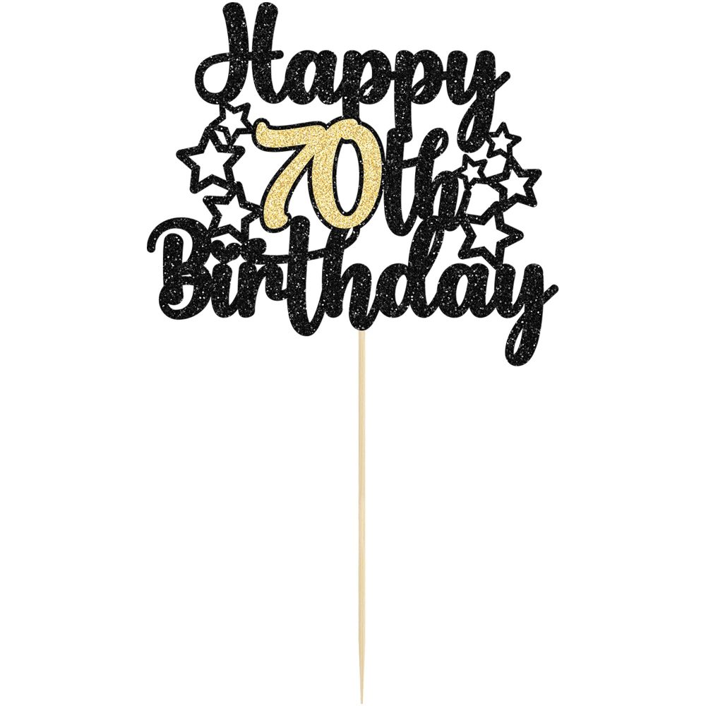 Gyufise 1Pc Happy 70th Birthday Cake Topper Black Gold Glitter Cheers to 70 Years Birthday Cake Pick 70 Fabulous Cake Decoration for Birthday Theme Happy 70th Birthday Party Supplies - Image 6
