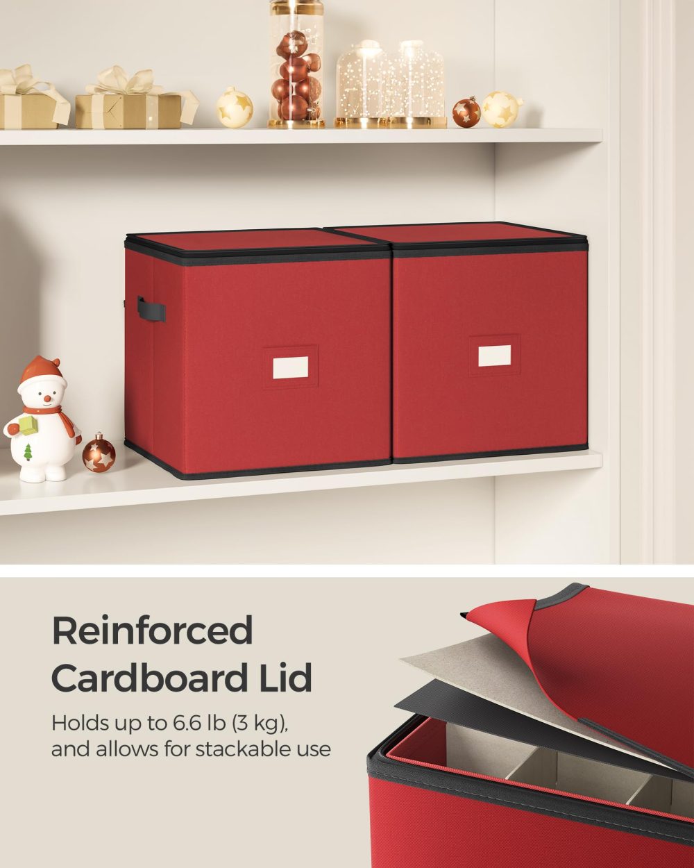 SONGMICS Christmas Decoration Storage Box, 7.6 cm 64 Slots, Stackable Christmas Bauble Storage Box with Lid, Dual Zippers, Adjustable Dividers, Non-Woven Fabric, Cherry Red RFB036R01 - Image 3