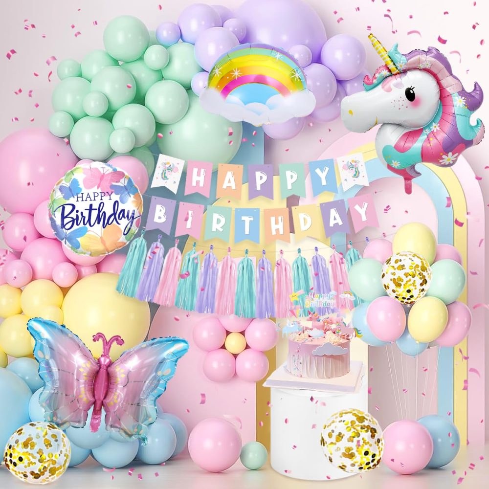 TOLOYE Birthday Decoration for Girls, Unicorn Butterfly Theme Party Decorations, Birthday Decorations with Happy Birthday Banner, Unicorn Butterfly Foil Balloons, Girls Birthday Party Supplies - Image 7