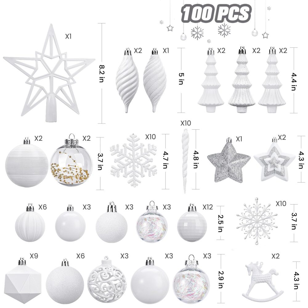 SHareconn 100pcs Christmas Tree Decorations Ornaments Set, Shatterproof Plastic Christmas Baubles Decorative Balls for Xmas Tree Decor Holiday Wedding Party, White - Image 5