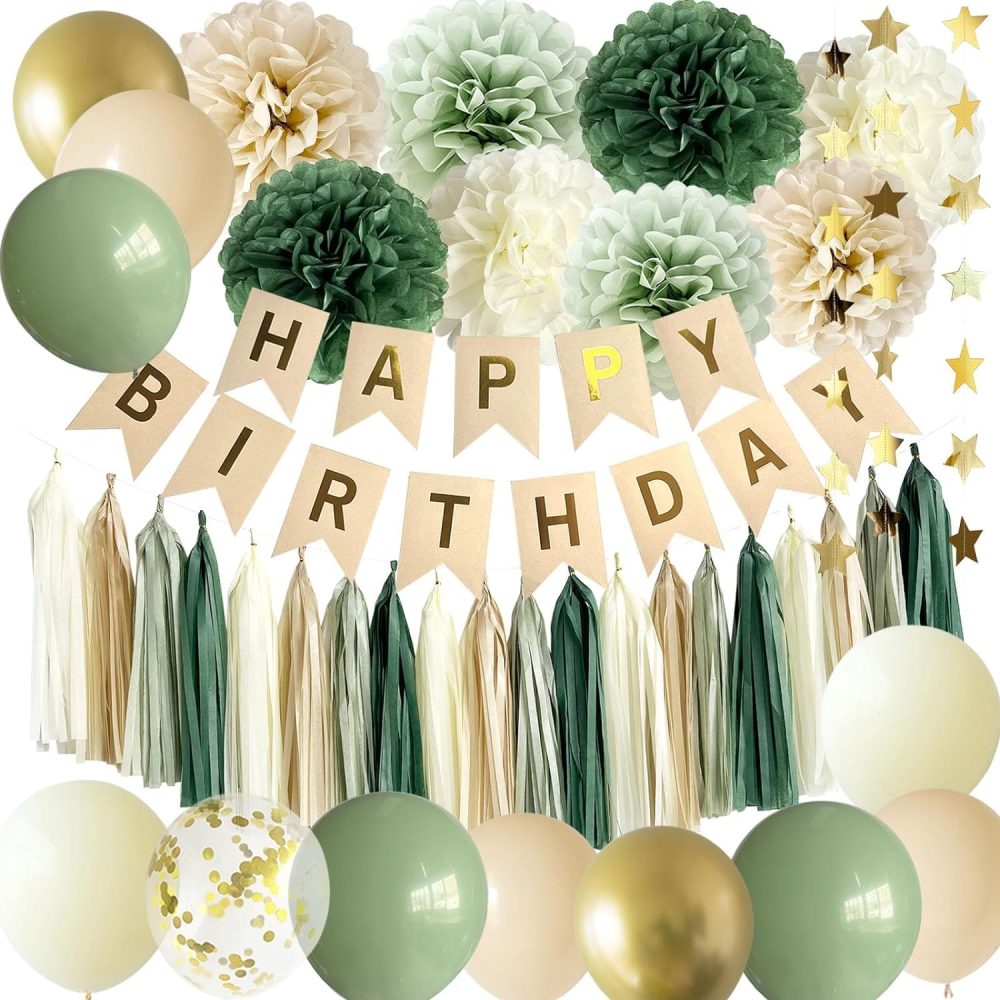 Acidea Sage Green Birthday Decorations for Girls Women, Birthday Party Decor Olive Green Balloons Garland Kit Happy Birthday Banner Greenery Gold Eucalyptus Leaves Baby Shower Backdrop Supplies