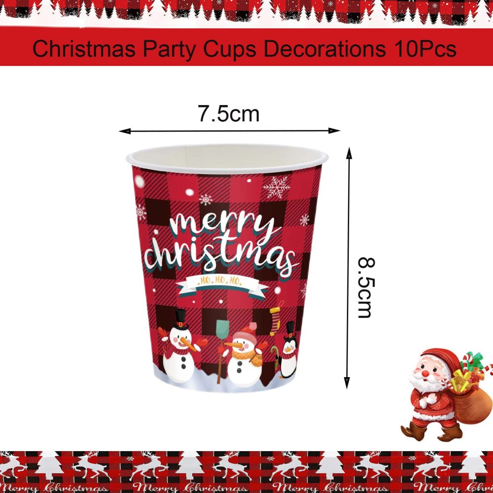 10Pcs Christmas Party Cups Decorations, Red Black Plaid Paper Cups Design for Christmas Party,Xmas Trees Partten Paper Cups for Xmas Dinner and Hot Cold Drinks Party for Christmas Disposable Cup - Image 2