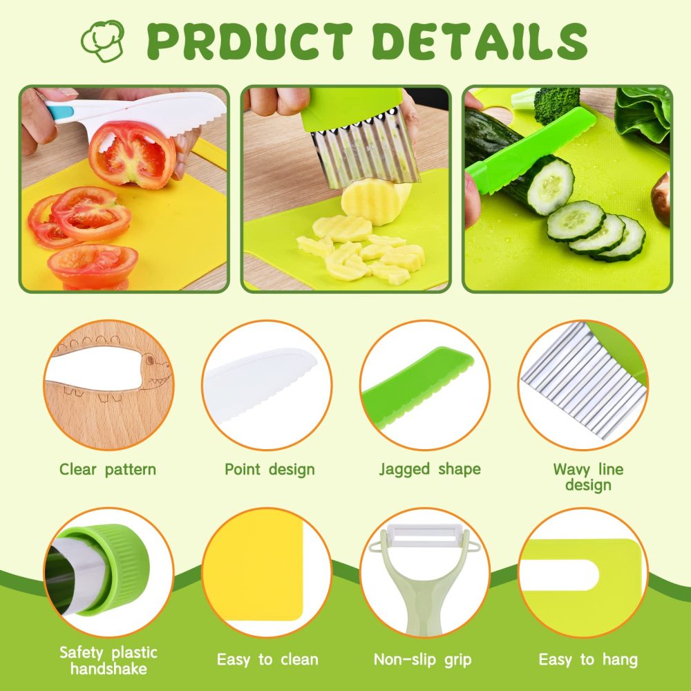 Tyrkuiy 13 Pieces Wooden Kids Kitchen Knifes-Toddler Safe Knives Set for Real Cooking with Plastic Knives/Crinkle Cutter/Kids Cutting Board/Y-Peeler/Fruit Cutters Shapes - Image 3