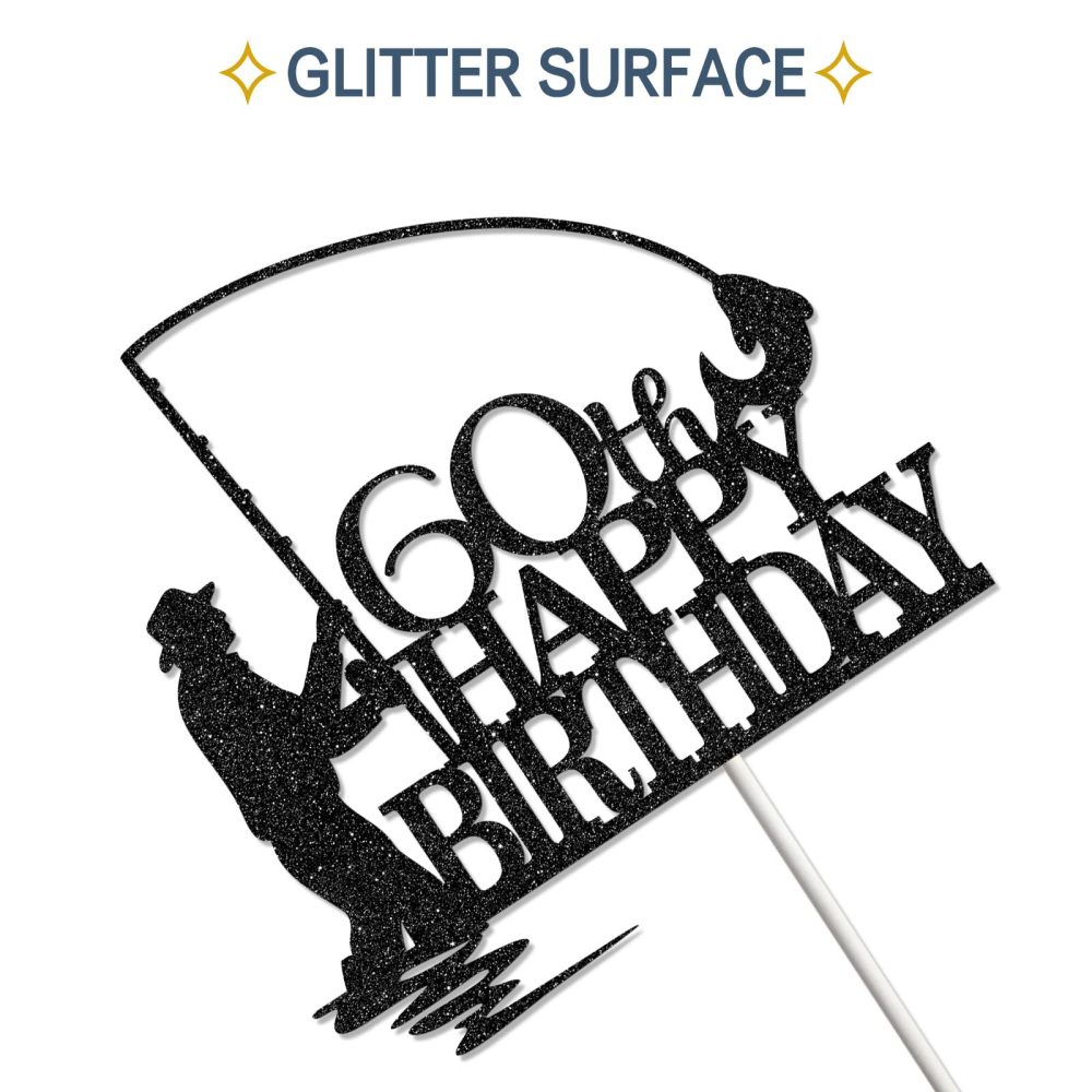 Tenhaisi Black Glitter Happy 60th Birthday Cake Topper, 60th Birthday Party Decorations, Fishing Cake Topper, Fisherman 60th Birthday Party Supplies - Image 5