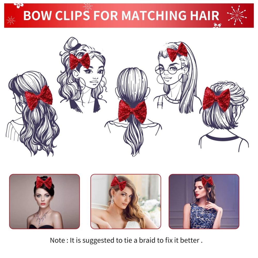 Sibba Glitter Hair Bows Clips 4 Packs Large Hair Pins Barrettes 4 Inch Red Sequins Sparkly Lace Nylon Mesh Alligator Ponytail Holder Valentines Easter Day Halloween School Accessories Women Girl - Image 8