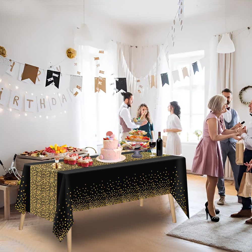 FUYOAL 6 Pieces Black and Gold Table Cloth, Disposable Party Table Cloth Plastic Tablecloth Dot Confetti Party Table Cover for Picnic Baby Shower Halloween Christmas(54" x 108") - Image 3