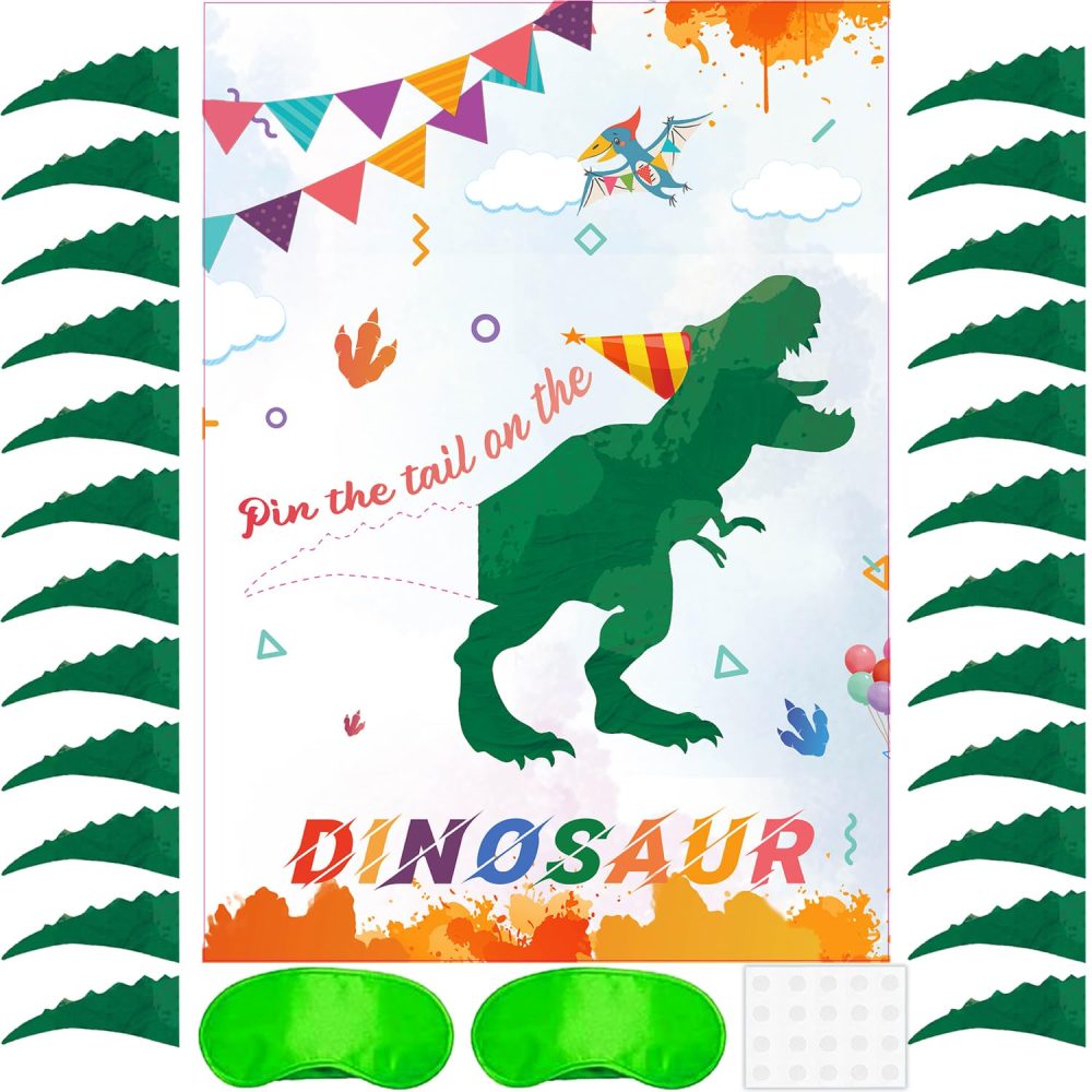 ENTHUR Pin The Tail on The Dinosaur Game -Dinosaur Party Games for Kids Boys with 21'' x 28'' Poster, 24 PCS Tails Sticker Party Supplies for Kids Girls Birthday Party Favor Sets