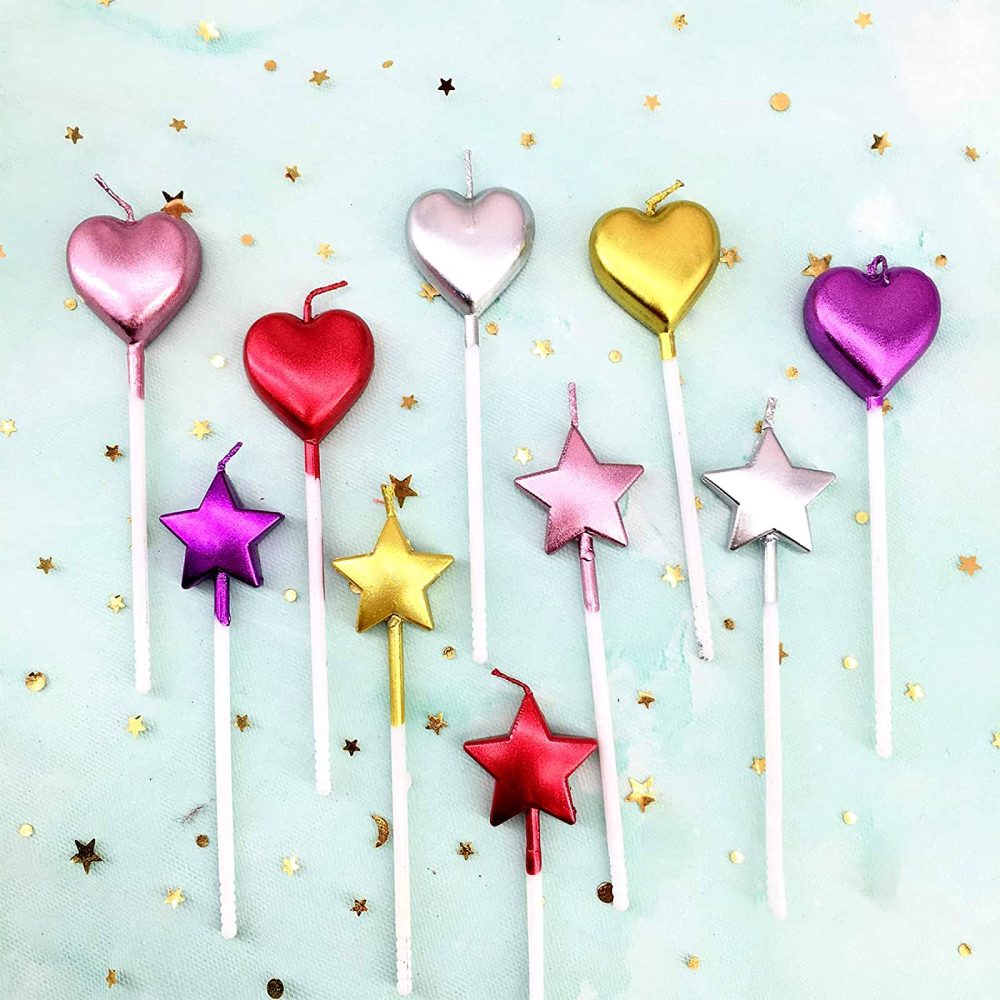10 Cute Heart Shaped and Star Birthday Candles Multi-Color Cake Candle Toppers for Party Wedding Cake Decoration Supplies (Multi-Color Heart Star and Heart, 10)