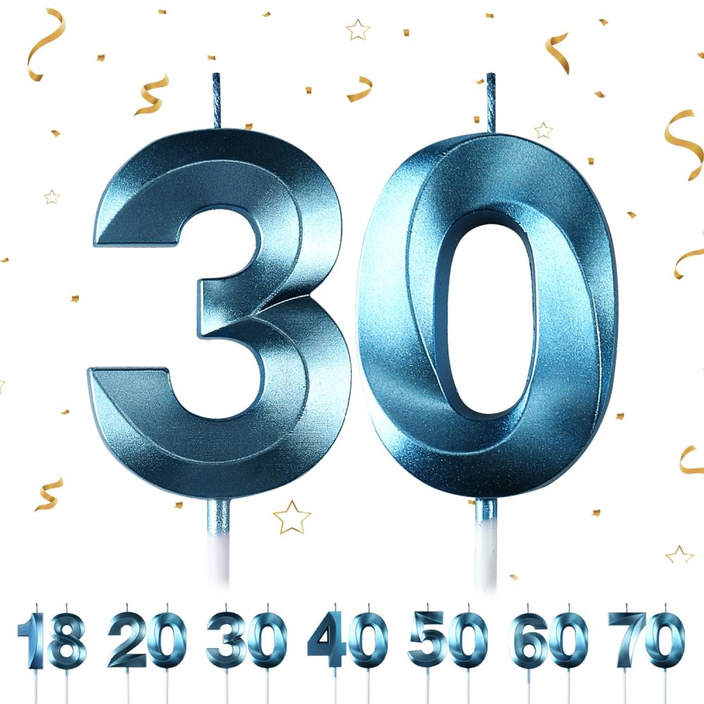 30th Birthday Number Candles,3D Blue Birthday Candle,Number 30 Candle for Birthday Party Cake Topper Decorations for Woemn Men Birthday Party Anniversary Supplies