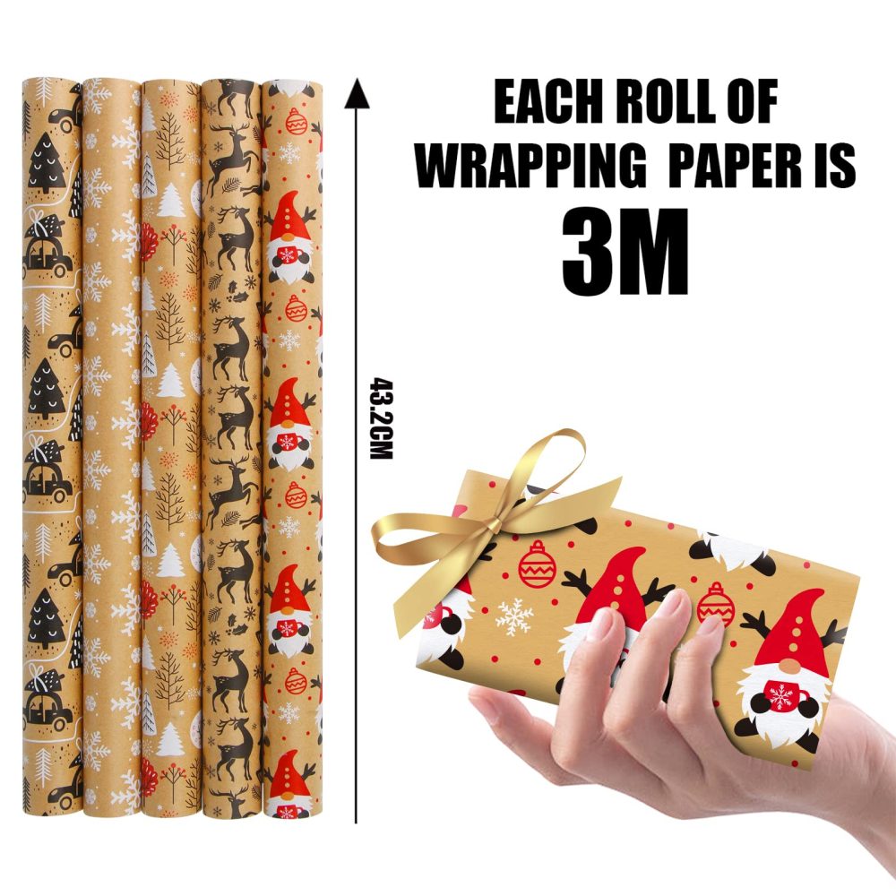 VEYLIN Christmas Wrapping Paper - Kraft Paper - 5 X 3M Xmas Wrapping Paper Rolls for Gift Boxes Festival Decoration (43.2cm x 15M) - Image 5